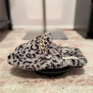 Vintage Havana Gray Leopard Slippers with Gold Chain